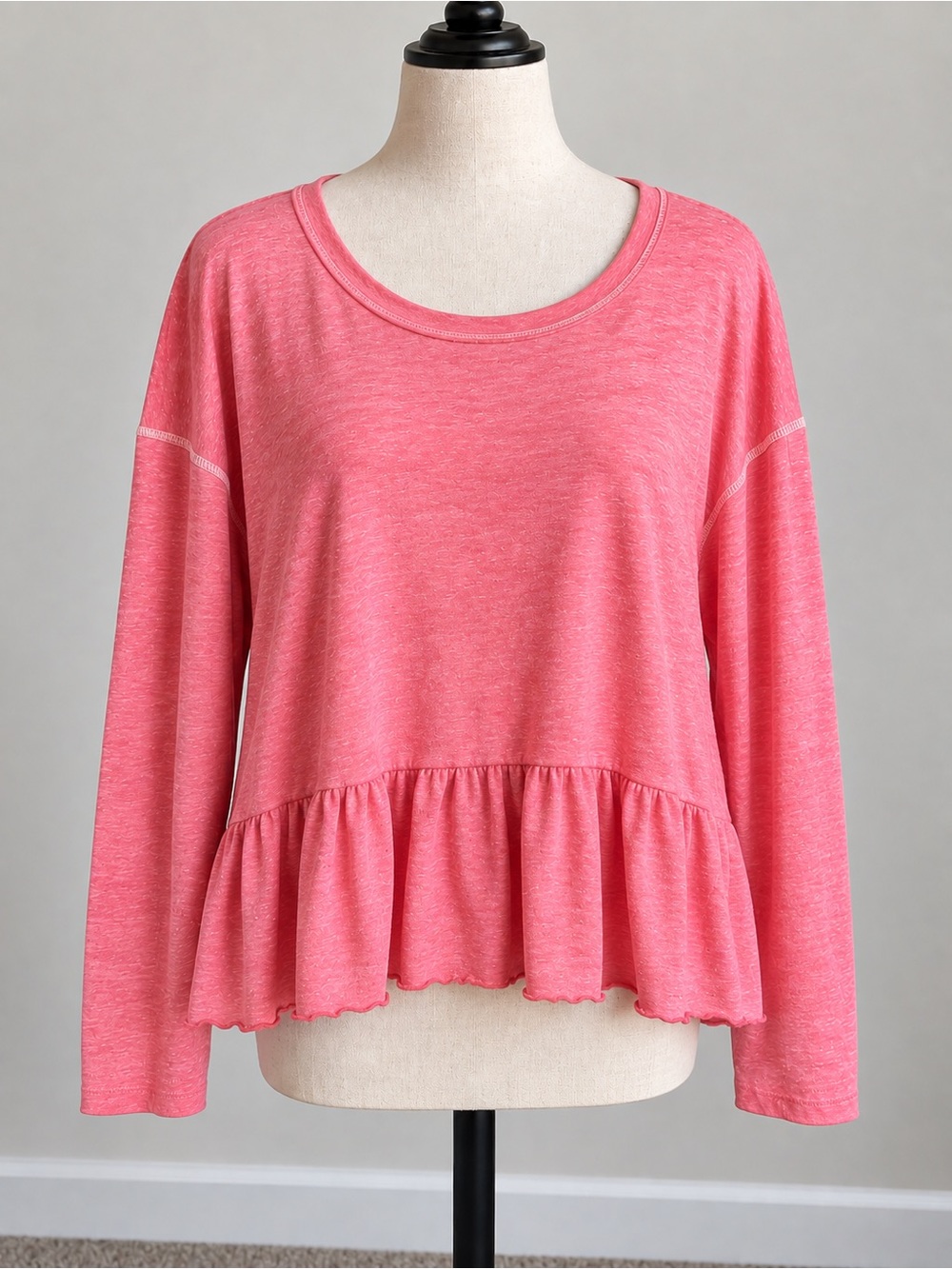 Altar'd State Coral Pink Ruffle-Hem Long Sleeve Top